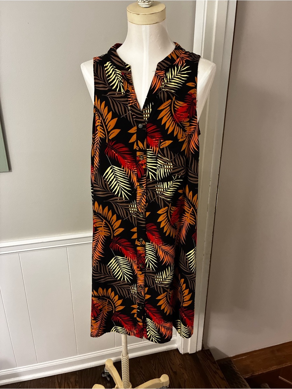 Justify Black Tropical Print Button Front Mini Dress with Orange & Tan Leaves